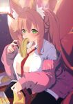  1girl absurdres animal_ear_fluff animal_ears areola_slip black_thighhighs blush bow bowtie breasts commentary_request commission eating fox fox_ears fox_girl fox_tail green_eyes highres jacket kitsune kyuubi large_breasts large_tail light_brown_hair long_hair looking_at_viewer multiple_tails off_shoulder open_clothes open_shirt original pink_jacket red_bow red_bowtie shiro9jira sitting skeb_commission solo tail thighhighs wariza 