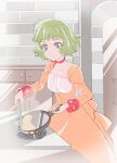  1girl brown_eyes choker closed_mouth collarbone cooking dress farah_oersted food frying_pan fumiko_(mesushi) green_hair holding holding_frying_pan indoors looking_at_viewer red_choker short_hair smile solo tales_of_(series) tales_of_eternia 