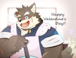 absurd_res anthro apron blue_eyes blush brown_body brown_fur canid canine canis clothing domestic_dog english_text eyebrows fur hi_res kamakitoron lifewonders looking_at_viewer male mammal moritaka scar smile solo text thick_eyebrows tokyo_afterschool_summoners