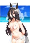  1girl ahoge animal_ears arms_behind_back bikini black_hair blue_sky blurry blurry_background blush breasts closed_mouth cloud collarbone commentary_request commission day effort_star hair_between_eyes highres horse_ears horse_girl horse_tail long_hair manhattan_cafe_(umamusume) navel ocean outdoors sarong see-through_sarong simple_background sky small_breasts smile solo standing stomach swimsuit tail umamusume underboob veil white_background white_bikini yellow_eyes 
