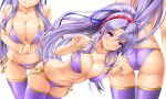  1girl ass bare_arms bare_shoulders bikini blue_ribbon breasts cleavage collarbone commission dutch_angle fire_emblem fire_emblem:_genealogy_of_the_holy_war grin groin hair_between_eyes hair_ribbon highres kamiya_tomoe large_breasts lifted_by_self long_hair looking_at_viewer multiple_views navel parted_bangs pixiv_commission ponytail purple_bikini purple_eyes purple_hair purple_thighhighs ribbon side-tie_bikini_bottom simple_background skindentation smile strap_lift swimsuit tailtiu_(fire_emblem) thighhighs very_long_hair white_background 