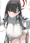  1girl amy_016 black_hair blue_archive blush breasts large_breasts red_eyes rio_(blue_archive) sweater turtleneck turtleneck_sweater 