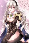  1girl armored_leotard black_hairband black_leggings black_leotard blue_cape breasts cape cleavage corrin_(female)_(fire_emblem) corrin_(female)_(nohr_noble)_(fire_emblem) corrin_(fire_emblem) fire_emblem fire_emblem_fates fire_emblem_heroes flower gauntlets grey_hair groin hair_between_eyes hairband highres kirishima_riona leggings leotard long_hair looking_at_viewer medium_breasts mole mole_under_mouth official_alternate_costume parted_lips petals pink_flower red_eyes seiza sitting solo very_long_hair 