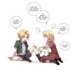  1boy 1girl aged_down ahoge ankle_boots applying_bandages arm_support black_footwear blonde_hair blush bob_cut boots child dress edward_elric fighting first_aid from_side fullmetal_alchemist green_jacket grey_shirt grey_shorts highres jacket knee_up korean_commentary korean_text one_eye_closed open_clothes open_jacket open_mouth pinafore_dress pink_shirt profile puff_of_air pusna1031 red_dress scolding seiza shirt shoe_soles short_hair short_sleeves shorts simple_background sitting sleeveless sleeveless_dress speech_bubble t-shirt translation_request twitter_username white_background winry_rockbell yellow_eyes 