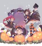  3girls :d black_dress black_hair blue_eyes book bow brown_hair commentary_request dress frilled_dress frilled_hairband frills full_body gaaruru_(pripara) gajira_(pripara) ghost hairband halloween halloween_costume headphones holding holding_book horns jack-o&#039;-lantern kaijuu kurosu_aroma leaf long_hair long_sleeves looking_at_viewer machico_maki mini_person minigirl multiple_girls necktie open_book open_mouth outstretched_arms ponytail pretty_series pripara pumpkin purple_bow red_hair red_horns shiratama_mikan sidelocks smile spread_arms standing striped_clothes striped_thighhighs thighhighs twintails very_long_hair yellow_eyes yellow_necktie 