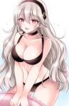 1girl :d alternate_costume bikini black_bikini black_choker black_hairband breasts choker cleavage corrin_(female)_(fire_emblem) corrin_(fire_emblem) cowboy_shot fire_emblem fire_emblem_fates grey_hair hairband highres kirishima_riona large_breasts long_hair looking_at_viewer navel open_mouth pointy_ears red_eyes revision smile solo standing stomach swimsuit thighs very_long_hair 