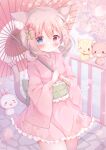  1girl animal_ears blue_eyes bow cat_ears cat_girl cat_tail closed_mouth cowboy_shot hair_between_eyes hanasakichu heterochromia highres japanese_clothes kimono oil-paper_umbrella original pink_hair pink_kimono red_eyes smile tail tail_bow tail_ornament umbrella 