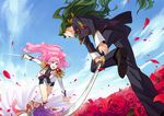  1boy 2girls flower green_hair highres himemiya_anthy multiple_girls pink_hair purple_hair rose saionji_kyouichi school_uniform shorts shoujo_kakumei_utena sword tenjou_utena ttk_(ehohmaki) weapon 