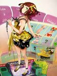  amami_haruka bangs bare_shoulders blunt_bangs brown_hair collarbone frills full_body green_eyes groin hair_ribbon highres idolmaster idolmaster_(classic) looking_at_viewer microphone navel ribbon seashell seashell_bra shell short_hair sleeveless smile solo standing star yellow_ribbon zi-dabu 