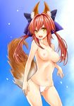  animal_ears bad_id bad_pixiv_id bow breasts fang fate/extra fate_(series) fox_ears fox_tail hair_bow harino646 looking_at_viewer medium_breasts navel nipples panties red_hair smile solo tail tamamo_(fate)_(all) tamamo_no_mae_(fate) topless twintails underwear white_panties yellow_eyes 