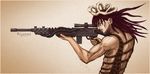  black_hair gun hat jojo_no_kimyou_na_bouken male_focus naka16 rifle rigatoni sniper_rifle solo vento_aureo weapon 