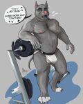 american_pit_bull_terrier anthro barbell belly big_muscles bodily_fluids body_hair canid canine canis chest_hair clawed_fingers claws clothed clothing cum domestic_dog genital_fluids gym_pals hairy hi_res hunting_dog jockstrap jockstrap_only leaking_cum leaking_precum looking_at_viewer male mammal moobs musclegut muscular musk musk_clouds nipples pit_bull precum sheenie solo speech_bubble stocky sweat sweatdrop terrier toe_claws topless underwear underwear_only vain vains weights