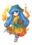  1girl blue_hair blush closed_mouth commentary dress edz_drawz english_commentary green_headwear haniyasushin_keiki head_scarf long_hair looking_at_viewer lowres pixel_art pocket red_eyes smile solo touhou wood_carving_tool yellow_dress youzikk_(style) 