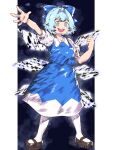 1girl :d aojirozame1228 arm_up bare_arms black_background black_footwear blue_bow blue_dress blue_hair bow breasts bright_pupils cirno clenched_hand dress full_body green_eyes hair_bow hair_intakes hand_up highres ice ice_wings light_blue_hair looking_at_viewer mary_janes open_hand open_mouth outside_border pantyhose pillarboxed puffy_short_sleeves puffy_sleeves purple_eyes shoes short_hair short_sleeves small_breasts smile solo standing teeth touhou two-tone_eyes upper_teeth_only white_pantyhose white_pupils wings 