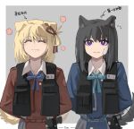  2girls absurdres animal_ears bandage_on_face bandages black_vest blonde_hair blue_ribbon border chinese_commentary closed_eyes closed_mouth commentary_request dog_ears dog_girl dog_tail dress flower_(symbol) flying_sweatdrops grey_background gun hair_ribbon handgun highres holster inoue_takina kemonomimi_mode looking_at_viewer lycoris_recoil lycoris_uniform medium_hair multiple_girls neck_ribbon nishikigi_chisato outside_border purple_eyes red_dress red_ribbon ribbon smile sweatdrop tail tail_wagging translation_request vest weapon white_border yanlingjinshilihuahua 