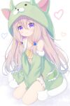  1girl :3 animal_hood coat full_body green_coat green_hood highres hood kneeling light_brown_hair long_hair looking_at_viewer original purple_eyes simple_background white_background yottacc 