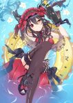  1girl alternate_costume black_hair black_thighhighs breasts date_a_live flower frilled_hairband frills garter_straps hairband heterochromia highres innertube kuro1tanaka lily_(flower) lolita_hairband looking_at_viewer medium_breasts smile solo swim_ring thighhighs tokisaki_kurumi water water_gun 