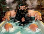  1boy bara bathtub beard blush brown_hair completely_nude dungeon_meshi dwarf embearassing_art erection facial_hair feet_out_of_frame hairy half-closed_eyes highres knees_up large_hands long_beard looking_at_viewer male_focus nude outstretched_arms pectorals penis precum precum_drip senshi_(dungeon_meshi) solo spread_arms steam thick_arm_hair thick_chest_hair thick_mustache uncensored very_long_beard wrinkled_skin 