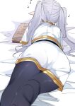  1girl absurdres bed_sheet black_pants book capelet elf frieren from_behind grey_hair highres long_hair lying musical_note on_stomach pants pointy_ears skirt solo sousou_no_frieren twintails utsusumi_kio white_capelet white_skirt 