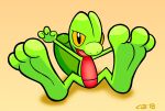 big_feet big_toes cel_shading cheesybear countershading feet foot_focus generation_3_pokemon green_body huge_feet huge_toes long_feet nintendo open_mouth open_smile pokemon pokemon_(species) red_body red_countershading shaded shadow simple_background smile toes treecko unavailable_at_source watermark yellow_background yellow_sclera