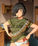  1girl absurdres black_hair blush box breasts can chainsaw_man cigarette cigarette_pack clothes_writing commentary computer eyepatch green_eyes green_shirt hands_on_own_hips highres himeno_(chainsaw_man) indoors khyle. laptop mouth_hold no_pants panties shirt short_hair short_sleeves small_breasts solo underwear upper_body white_panties 