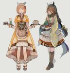  2girls ^_^ ahoge animal_ears black_footwear black_hair boots brown_corset cake closed_eyes coffee corset cross-laced_footwear ear_covers facing_viewer food frilled_kimono frills full_body green_kimono grey_background hair_between_eyes highres holding holding_tray horse_ears horse_girl ice_cream japanese_clothes kimono lace-up_boots long_bangs long_hair long_sleeves looking_at_viewer maid manhattan_cafe_(umamusume) manhattan_cafe_(verdant_night)_(umamusume) multiple_girls official_alternate_costume official_alternate_hairstyle shibaebi_(yasaip_game) simple_background single_ear_cover smile sundae tray umamusume wa_maid white_hair wide_sleeves yellow_eyes yellow_kimono yukino_bijin_(tea_girl_snow_girl)_(umamusume) yukino_bijin_(umamusume) 