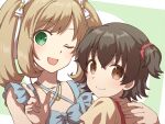  2girls akagi_miria bare_shoulders black_hair blonde_hair blue_bow blue_bowtie blush bow bowtie brown_eyes chihiro_(chihiro3399) closed_mouth collarbone dot_nose green_background green_eyes hair_bow hair_ornament hair_ribbon hair_scrunchie hands_up idolmaster idolmaster_cinderella_girls idolmaster_cinderella_girls_starlight_stage index_finger_raised jewelry long_hair looking_at_viewer looking_back multiple_girls necklace one_eye_closed open_mouth red_scrunchie ribbon sato_shin scrunchie shirt short_hair short_sleeves smile twintails two_side_up upper_body white_ribbon yellow_shirt 