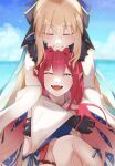  2girls baobhan_sith_(fate) baobhan_sith_(swimsuit_pretender)_(fate) baobhan_sith_(swimsuit_pretender)_(first_ascension)_(fate) black_bow black_gloves blonde_hair blue_sky blush bow closed_eyes day dress fangs fate/grand_order fate_(series) fur_trim gloves grey_eyes hair_bow head_on_head head_rest highres hug hug_from_behind long_hair low_twintails mabotofu_maki mother_and_daughter multiple_girls ocean one_eye_closed open_mouth outdoors pink_hair pointy_ears sharp_teeth sidelocks sky smile teeth thighs tonelico_(fate) tonelico_(second_ascension)_(fate) twintails white_dress wide_sleeves 
