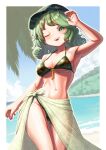  1girl ;d armpits bare_shoulders beach bikini camouflage camouflage_bikini camouflage_headwear commentary_request commission contrapposto creape fingernails flat_cap green_eyes green_hair green_headwear green_sarong groin hand_up hat highres key looking_at_viewer medium_hair navel ocean one_eye_closed open_mouth outdoors sarong skeb_commission smile solo stomach string_bikini swimsuit thigh_gap touhou twisted_torso wavy_hair yamashiro_takane 