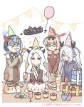  4girls ^_^ ahoge ako_(blue_archive) birthday blue_archive blue_hair box cake candle chinatsu_(blue_archive) closed_eyes enobun3gyo flying_sweatdrops food gift gift_box grey_hair grey_hoodie halo hat highres hina_(blue_archive) holding holding_party_popper hood hoodie iori_(blue_archive) macaron multiple_girls parfait party_hat party_popper pointy_ears prefect_team_(blue_archive) sash strawberry_cake streamers 