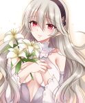  1girl bare_shoulders black_hairband breasts closed_mouth collarbone corrin_(female)_(fire_emblem) corrin_(fire_emblem) covered_collarbone detached_sleeves dress fire_emblem fire_emblem_fates flower grey_hair hair_between_eyes hairband hands_up highres holding holding_flower kirishima_riona long_sleeves looking_at_viewer medium_breasts pointy_ears red_eyes sleeveless sleeveless_dress smile solo upper_body white_dress white_flower white_sleeves wide_sleeves 
