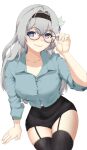  1girl absurdres bespectacled black_hairband black_skirt black_thighhighs blue_shirt collarbone commentary_request cowboy_shot firefly_(honkai:_star_rail) garter_straps glasses grey_hair hairband highres honkai:_star_rail honkai_(series) kagurachi long_hair looking_at_viewer pencil_skirt pink_lips purple_eyes round_eyewear shirt skirt smile solo thighhighs thighs very_long_hair 