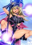  armpits blonde_hair boots breasts choker cleavage duel_monster gloves groin hat highres large_breasts long_hair magi_magi_magician_gal no_panties one_eye_closed open_mouth purple_eyes solo squatting staff suzume_inui thick_thighs thighs yuu-gi-ou yuu-gi-ou_zexal 