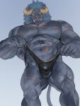 abs anthro bulge clothed clothing clothing_pull fur grey_body grey_fur grey_hair hair horn krampus_(housamo) lifewonders male monster muscular muscular_anthro muscular_thighs navel nipples pecs salz_sop scar scars_all_over solo thong thong_pull tokyo_afterschool_summoners topless tusks underwear underwear_pull