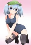  absurdres bad_id bad_pixiv_id black_legwear blue_eyes blue_hair breasts collarbone gradient gradient_background hair_bobbles hair_ornament hat highres kawashiro_nitori kneeling large_breasts looking_at_viewer masa_masa one-piece_swimsuit school_swimsuit smile solo swimsuit thighhighs touhou two_side_up 