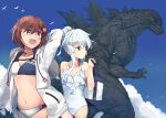  2girls alternate_costume bikini blue_eyes blue_sky breasts brown_eyes brown_hair casual_one-piece_swimsuit cloud commentary_request cowboy_shot crossover day flat_chest flower frilled_one-piece_swimsuit frills godzilla godzilla_(minus_one) godzilla_(series) godzilla_minus_one hair_flower hair_ornament hibiki_(kancolle) highres hood hooded_jacket jacket kaijuu kantai_collection long_hair minosu multiple_girls one-piece_swimsuit outdoors ponytail short_hair sky small_breasts smile swimsuit two-tone_bikini white_hair white_jacket white_one-piece_swimsuit yukikaze_(kancolle) 