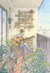  1boy acoustic_guitar balcony black_eyes blue_sky brown_hair cityscape collared_shirt commentary_request day door english_commentary full_body glass_door grey_footwear guitar hanasaki_taru hanging_plant highres holding holding_guitar holding_instrument indoors instrument looking_to_the_side male_focus mixed-language_commentary on_bench open_collar original outdoors painting_(medium) paper plant playing_guitar potted_plant railing shirt shoes short_hair sitting sky sleeves_past_elbows solo stool sunlight traditional_media watercolor_(medium) white_shirt 