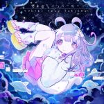  1girl album_cover blunt_bangs closed_mouth cloud cloudy_sky commentary_request cover dolphin floating full_body japanese_clothes kiato kimono knees_up long_hair long_sleeves looking_at_viewer loose_socks midair night night_sky original purple_hair sandals shide sky smile socks solo song_name star_(sky) starry_sky two_side_up white_socks 