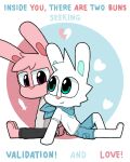 &lt;3 absurd_res anthro arctic_storm_(arcticst0900) arcticst0900 bottomwear clothing duo fur half-closed_eyes hi_res hoodie icon lagomorph leporid looking_at_another love lying_on_another male mammal narrowed_eyes pink_body pink_fur rabbit scarf shaded shirt shorts simple_background simple_shading sitting slim smile t-shirt text topwear tulip_hemisphere_(arcticst0900) white_body white_fur