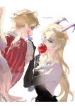  1boy 1girl absurdres black_dress blonde_hair blush demon_boy demon_girl dress face-to-face hazbin_hotel highres husband_and_wife lilith_(hazbin_hotel) lucifer_(hazbin_hotel) nicholas_moh red_eyes 