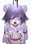 2020 ahegao ambiguous_species anthro black_nose blush candy chocolate chocolate_on_body chocolate_on_hand chocolate_sauce collar collar_tag dessert digital_media_(artwork) female food front_view fur hair heart_collar_tag hi_res looking_pleasured looking_up mammal markings multicolored_body multicolored_fur open_mouth purple_body purple_ears purple_fur purple_hair red_collar rofortyseven shaded short_hair simple_background solo star_(marking) tan_eyes tan_inner_ear teeth two_tone_body two_tone_fur white_background