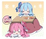  2girls :d bangs bare_shoulders blue_hair blue_ribbon commentary_request cup eyebrows_visible_through_hair eyes_closed food fruit hair_ribbon handheld_game_console holding holding_handheld_game_console kotatsu kotonoha_akane kotonoha_aoi long_hair long_sleeves lying mandarin_orange milkpanda multiple_girls off-shoulder_sweater on_stomach open_mouth puffy_long_sleeves puffy_sleeves red_ribbon ribbon sitting sleeves_past_wrists smile spoken_object sweat sweater table teacup teardrop under_kotatsu under_table very_long_hair voiceroid white_sweater 