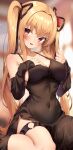  1girl absurdres bare_shoulders black_dress black_ribbon blonde_hair blurry blurry_background blush breasts character_request cleavage collarbone commentary_request commission copyright_request covered_navel detached_sleeves dress hair_between_eyes hair_ribbon hand_on_own_chest highres jun_(aousa0328) large_breasts long_hair looking_at_viewer o-ring o-ring_thigh_strap open_mouth red_eyes ribbon side_slit sitting skeb_commission skin_tight sleeveless sleeveless_dress sleeves_past_wrists solo thigh_strap twintails 