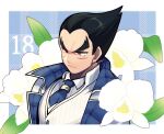  1boy black_coat black_hair blue_necktie border coat collared_shirt flower jacket kotorai looking_ahead male_focus mishima_kazuya necktie portrait red_eyes scar scar_on_cheek scar_on_face shirt short_hair sideburns solo tekken thick_eyebrows v-shaped_eyebrows white_border white_flower white_jacket white_shirt 