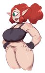 2024 big_breasts bottomless breasts clothed clothing cyclops female genitals green_eyes hair humanoid humanoid_pointy_ears lurkin not_furry open_mouth open_smile pubes pussy red_hair simple_background smile solo