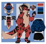 anthro belly blue_clothing blue_eyes clothing dragon eyes_closed fur furred_dragon hi_res jacket kentott0 male markings model_sheet mythological_creature mythological_scalie mythology open_mouth red_body scalie simple_background slightly_chubby solo spots spotted_body striped_markings stripes tail tongue tongue_out topwear