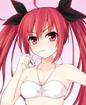  ahoge bad_id bad_pixiv_id bandeau bare_shoulders bikini bow breasts candy date_a_live food gradient gradient_background hair_bow itsuka_kotori lollipop long_hair looking_at_viewer qiuzhi_huiyi red_eyes red_hair small_breasts solo swimsuit twintails white_bikini 