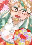  1boy :d bara bishie_sparkle blush bouquet facial_hair flower from_above glasses goatee green_hair hair_flower hair_ornament highres hippolytus_(housamo) holding holding_bouquet horokeikam_love light_brown_hair looking_at_viewer looking_up male_focus multicolored_hair plump short_hair sideburns sideburns_stubble smile solo streaked_hair stubble thick_eyebrows tokyo_afterschool_summoners two-tone_beard upper_body valentine 