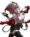  1girl arknights black_gloves breasts controller detonator finger_to_mouth fingerless_gloves gloves grey_hair highres holding holding_remote_control horns jacket looking_at_viewer onihiraaji82 open_clothes red_jacket remote_control short_hair smile solo tail w_(arknights) 