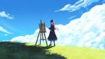  1girl bag black_dress blue_sky canvas_(object) cloud commentary dress easel full_body glasses gradient_hair grass handbag hat highres holding holding_paintbrush holding_palette hololive hololive_english ice_(10222) medium_dress multicolored_hair ninomae_ina&#039;nis ninomae_ina&#039;nis_(casual) official_alternate_costume orange_hair paintbrush painting_(action) palette_(object) purple_hair sky solo tentacle_hair virtual_youtuber 